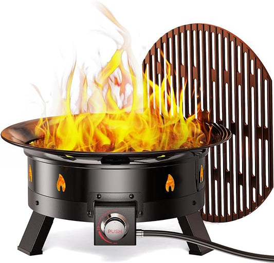 Ciays 21 Inch Propane Fire Pit with Grill Grate, Folding Legs, CSA Certified, 58,000 BTU, Black, Metal, Round, Compatible with Propane