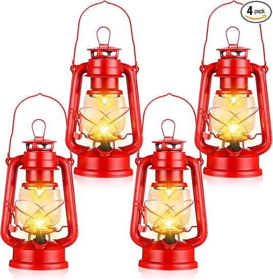 4 Pcs LED Vintage Lanterns Battery Operated Warm White Old Hurricane Lantern Antique Metal Hanging LED Lamp with Dimmer Switch for Indoor Table Outdoor Christmas Halloween(Red)