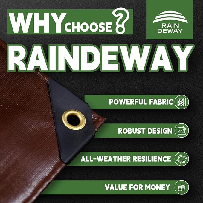 RAINDEWAY 4x5 Feet Super Heavy Duty 18 Mil Brown Poly Tarp Cover, UV Resistant, Weatherproof, Multipurpose Waterproof Poly Tarp with Grommets and Reinforced Edges