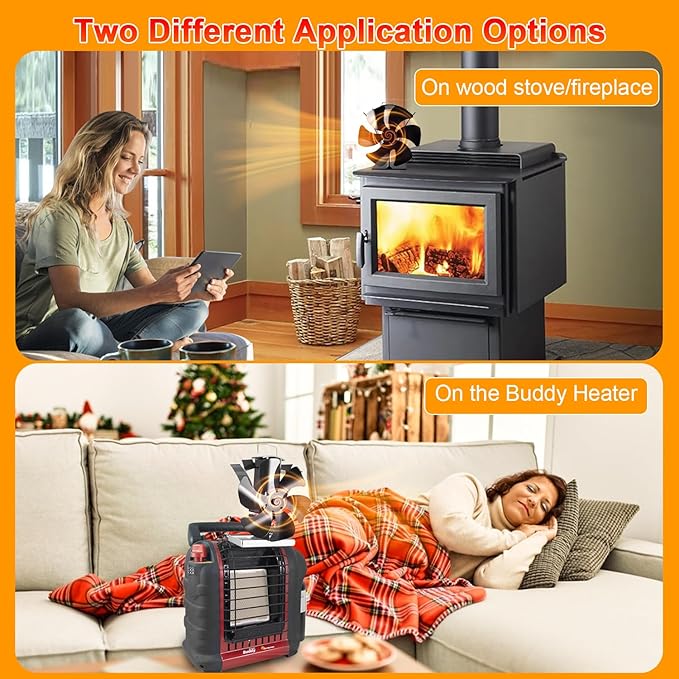 Wood stove fan for Little/Big Buddy Propane Heater, Heat Powered Fireplace Fans 6 Blades for Heaters Thermoelectric Thermal Fan with Bracket Camping/Picnic Indoor Use w/Stove Thermometer Accessories