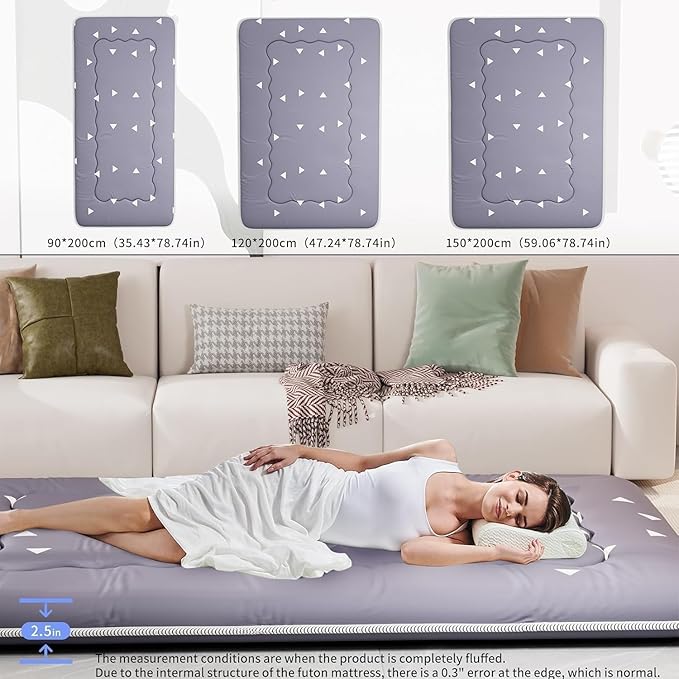 Japanese Futon Mattress, Foldable Tatami Mat Portable Dormitory Sleeping Pad with Bag & Strap, Floor Thicken Sleeping Roll up Camping Mattress (Grey WS1, 39" X80")