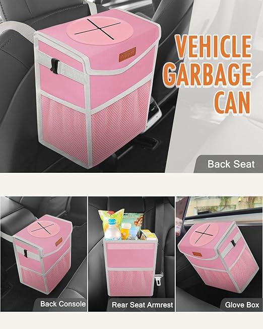 Car Trash Can with Lid, Cute Leakproof Car Trash Garbage Bag Hanging Vehicle Trash Bin Small Portable Automotive Garbage Cans Organizer for Back/Front Seat(Trapezoid,Pink