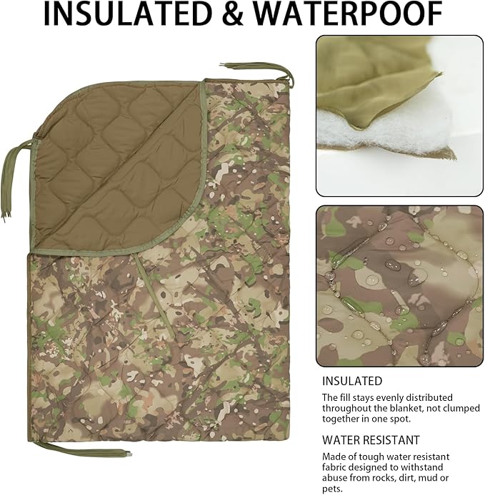 Military Poncho Liner with Zipper Camping Blanket Army Insulation Sleeping Bag Insulated Waterproof for Travel Outdoor Survival Hunting