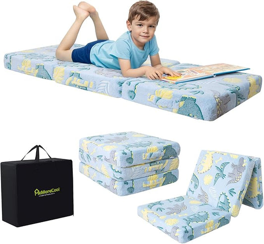 MeMoreCool Foldable Floor Mattress for Kids, Glow Dinosaur Trifold Nap Mat for Toddlers, Portable Sleeping Futon for Daycare or Floor Bed, 57x22 Inch
