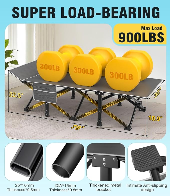 Slendor Oversized Camping Cot XXL, 79" L x 32" W x 19" H Folding Cots for Adults with Mattress, Carry Bag, Cots Bed for Tent, Office, Support 900lbs