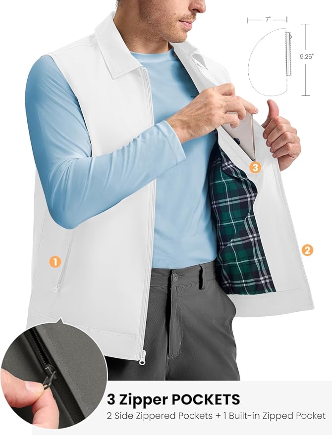 TBMPOY Men's Vest Casual Lightweight Thin Utility 3 Zip Pockets Stylish Sleeveless Jackets Summer Fall Golf Travel Business