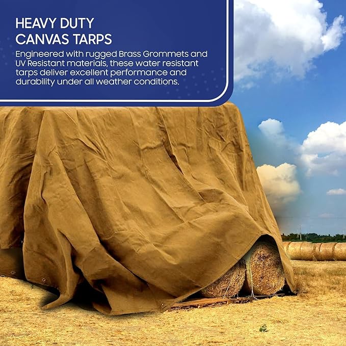 Tarps Now 10x10 ft Heavy Duty Canvas Tarp | 18 MIL Industrial Grade, Tear Resistant, Reinforced Edges, Nickel Plated Grommets | Ideal for Construction, Trucking, Manufacturing, Automotive – Tan Color