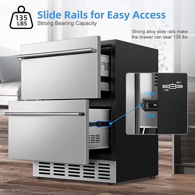 Under Counter Beverage Refrigerator 24 Inch, Outdoor Drawer Fridge Stainless Steel with Temperature Control for Home, Outdoor Patio and Commercial Use