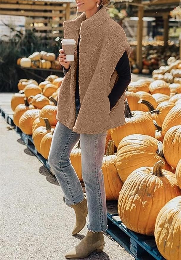 Hongqizo Womens Fuzzy Fleece Vest Casual Oversized Warm Button Down Sherpa Vest Jacket with Pockets