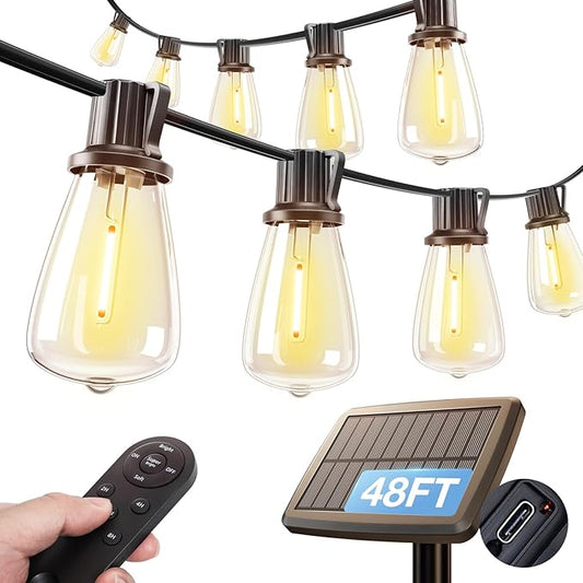 addlon 54FT(48+6) Solar String Lights Outdoor Waterproof with USB Port & Remote Control Dimmable Solar Patio Lights IP65 Solar Powered Edison LED Bulbs for Outside Bistro Camping