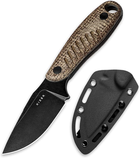 Kizer Hare Fixed Blade Knife with Sheath, 3.14" D2 Steel Blade EDC Hunting Knife with Burlap Micarta and Black G10 Handle, Small Survival Knives, Outdoor Camping Knives for Men Women 1077M3