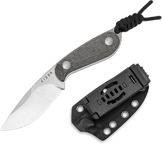 Kizer Buddy Fixed Blade Knife, 3" 14C28N Steel Camping Knife with Black Micarta Handle, Compact EDC Fixed Blade Knives with Sheath for Hiking & Camping 1081A8