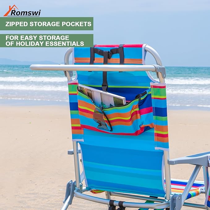 2Pk Aluminum 5-Position Lay Flat Folding Backpack Beach Chairs for Adults with Cooler Bag, Cup&Phone Holder, Towel Bar for Outdoor Lawn Picnic Sport, Portable Foldable Camping Chairs, Multi Stripes