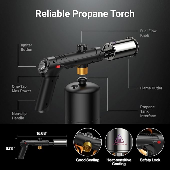Propane Torch with One-Touch Max Fire, Cooking Blow Torch Gun with a Safety Lock, Charcoal Lighter, Flame Thrower, Kitchen Food Torch Head for Grill, Sous Vide, BBQ, Coal Black