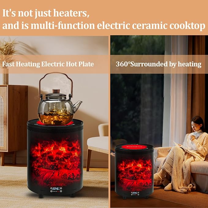Space Heater Indoor, Portable electric fireplace heaters with 3D Flame Effect, Heating and cooking outdoor use, Remote Control, 1300W Safe and Quiet Far infrared Heate for Office Bedroom Home