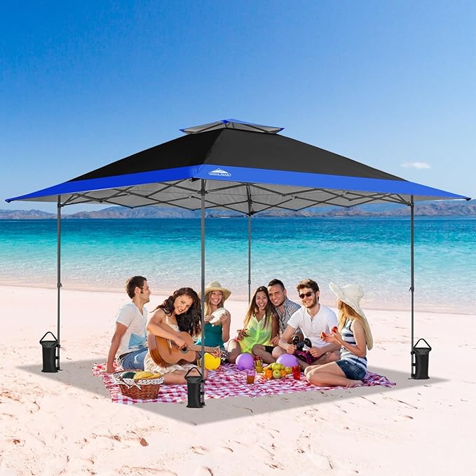 EAGLE PEAK 13x13 Straight Leg Pop Up Canopy Tent Instant Outdoor Canopy Easy Single Person Set up Folding Shelter w/Auto Extending Eaves 169 Square Feet of Shade (Black/Blue)