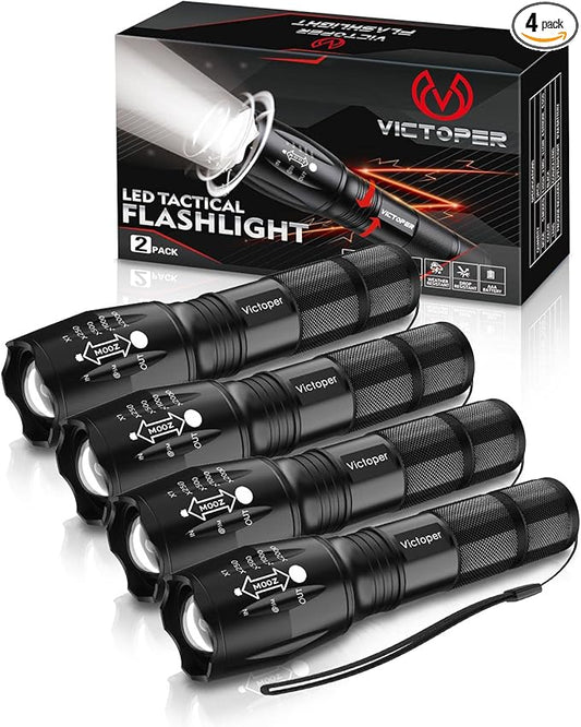 Victoper LED Flashlight 4 Pack, Bright Tactical Torch High Lumens with 5 Modes, Waterproof Zoomable Flash Light for Outdoor, Gifts for Hunting Camping Essentials Gear