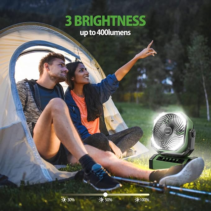 20000mAh Rechargeable Camping Fan - Battery Operated Fan with Light & Remote, Auto Oscillating, 4 Timer, 60 Hrs Work Cordless Tent Fan for Travel Outdoor RV Garage Power Outage Emergency