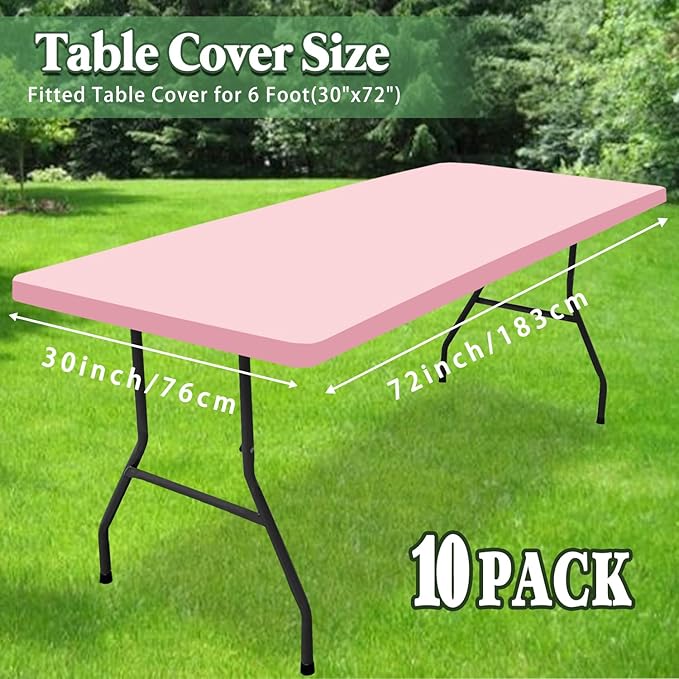 6 Foot Picnic Table Cover Fitted Elastic Tablecloth for Rectangle Table 10 Pack Waterproof Stretch Washable Folding Indoor Outdoor Spandex Tablecloth for Parties Banquet Camping (Pink,30" x 72")