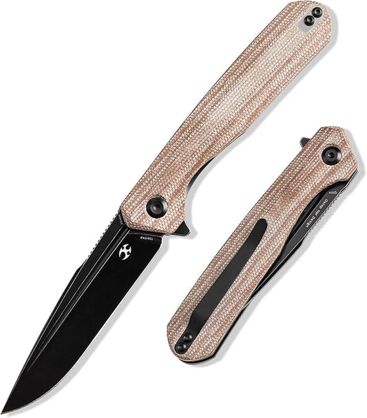 KANSEPT Qilin Pocket Knife, 3.24'' Blackwash 154CM Sharp Blade, Brown Micarta Handle for Edc, Flipper and Liner Lock with Double-Sided Clip, Men Camping Survival Folding Knives T1047A3