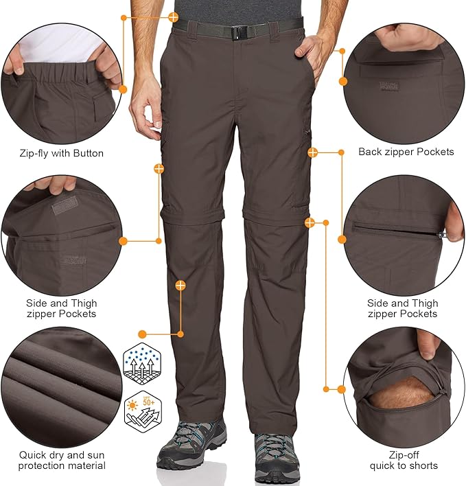 Mens Hiking Pants Convertible Lightweight Quick Dry Zip Off Fishing Safari Camping Travel boy Scout Pants