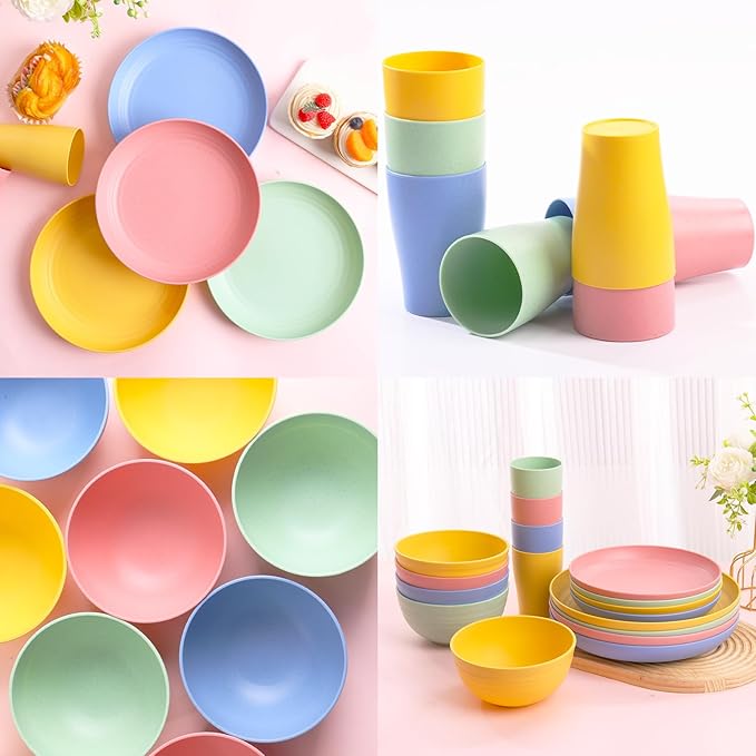 32 pcs Unbreakable Lightweight Wheat Straw Dinnerware Sets for 8, Reusable Kids Plates and Bowls Sets Non Toxic, Microwave and Dishwasher Safe Plastic Dishes Set, Camping RV Picnic Dishes