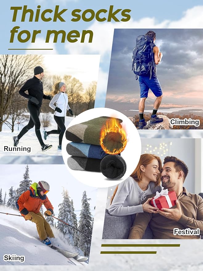 Senker Fashion Merino Wool Hiking Socks for Men, Warm Crew Socks W/Cushion Moisture Wicking for Trekking Work Outdoor