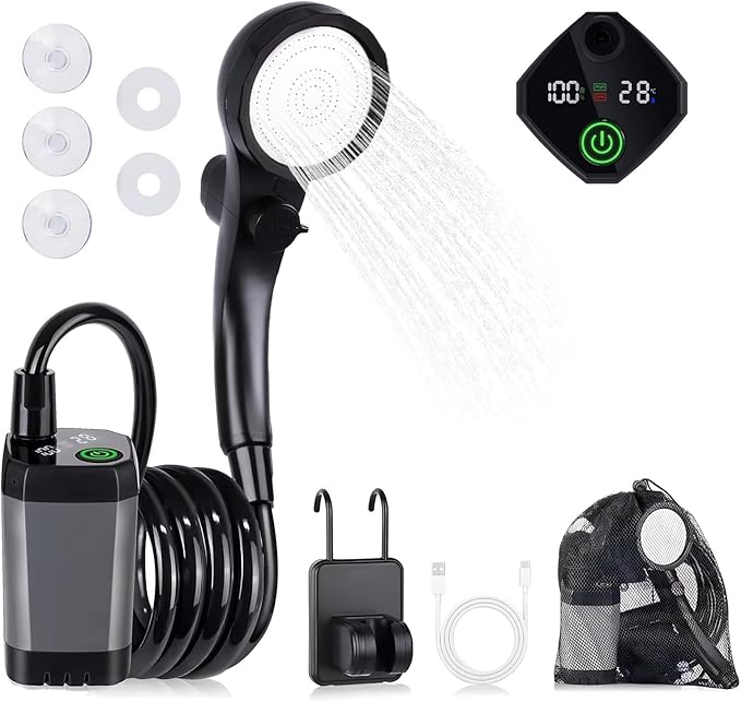 Portable Camping Shower with Heater, 6000mAh Rechargeable Portable Shower with 2000W Immersion Heater, LED Display, Heated Camping Shower for Travel, Hiking, Car, Pet