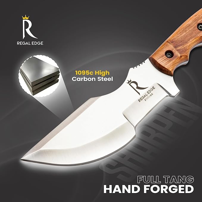 Fixed Blade Knife 10” Hunting Knife With Fire Starter And Leather Sheath - Olive Wood Handle Survival Knives for Camping, Hiking, and Outdoor Use By Regal Edge