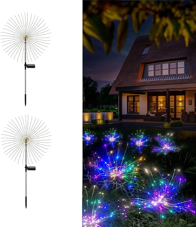 Solar Fireworks Lights for Outside, 150LED 8 Modes Fireworks Solar Lights Outdoor, Fairy Garden Flowers for Yard Pathway Wedding Party Christmas Diwali Garden Decor 2Pack (Multicolor)