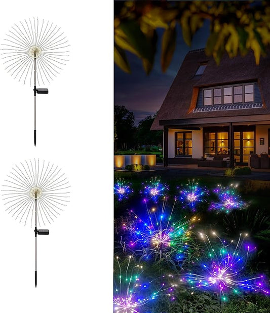 Solar Fireworks Lights for Outside, 150LED 8 Modes Fireworks Solar Lights Outdoor, Fairy Garden Flowers for Yard Pathway Wedding Party Christmas Diwali Garden Decor 2Pack (Multicolor)