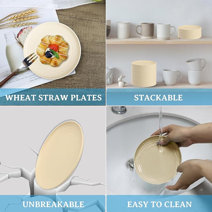 5.5 Inches Handy Appetizer Plates Set of 8 - Small Wheat Straw Plates for Dessert - Unbreakable Sidedishes Plate Sets for Kitchen and Party Beige Series