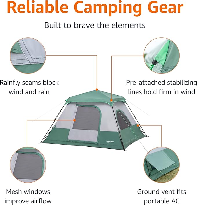 Amazon Basics Instant Camping Tent with Rainfly, Weather-Resistant, Quick Setup