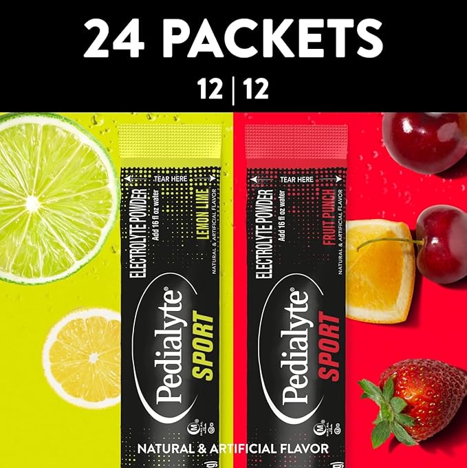 Pedialyte Sport Electrolyte Powder, Fast Hydration with 5 Key Electrolytes for Muscle Support Before, During, & After Exercise, 12 Lemon Lime & 12 Fruit Punch, 0.49-oz Packets (24 Count)