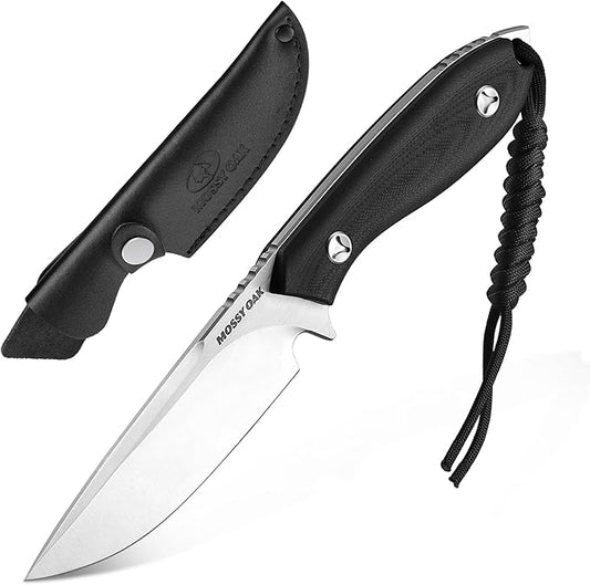 Mossy Oak 8.75 Inch Fixed Blade Knife with Leather Sheath, Full Tang Outdoor Camping Knife, G10 Handle for Bushcraft, Survival, Camping, Hiking
