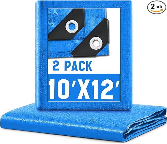 2 Pack 10 x 12 ft 5.5 Mil Large Tarps Heavy Duty Waterproof Tarp Multi Purpose Tent Cover for Home Boats Cars Camping Patio Furniture Roof Emergency Rain Protective Cover, Blue