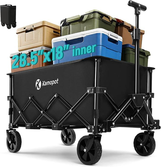 Collapsible Wagon on Wheels, Folding Wagon for Grocery, Park, Sports, Yard, Beach, Event, Pets. Portable Utility Cart w/DIY Wheels, Light-Weight (X1 Black)