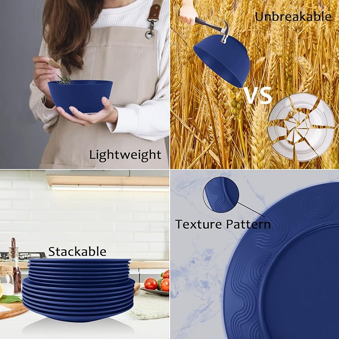 40 Pieces Wheat Straw Dinnerware Sets Service for 8, Plates and Bowls Sets, Dinner Plates, Cereal Bowls and Drinking Cups, Unbreakable and Reusable Plastic Dinnerware Sets (Dark Blue)