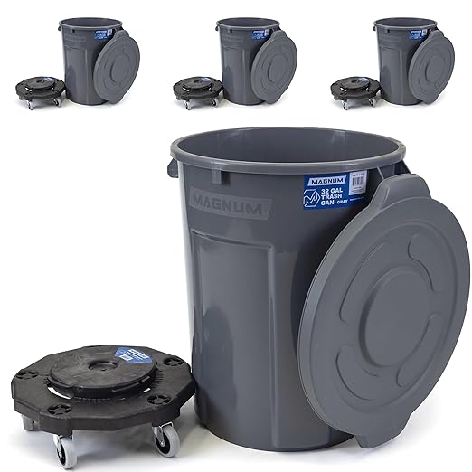 Magnum Gray 32 Gallon Trash Can Set (Trash Can, Quiet Dolly, and Reinforced Lid), Construction Grade, Jobsite Ready, Non-Marking Wheels & Casters for Rolling Garbage CMTC-CLD0-32G04 (4 Set)