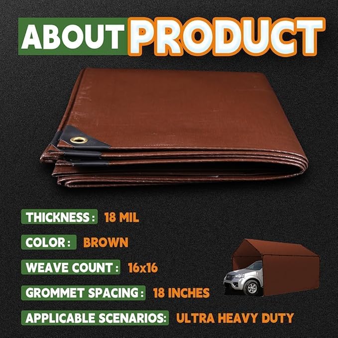 RAINDEWAY 20x24 Feet Super Heavy Duty Tarp 18 Mil,Large Tarps,UV Resistant, Weatherproof, Multipurpose Waterproof Poly Tarp Cover with Grommets and Reinforced Edges,Brown Tarps
