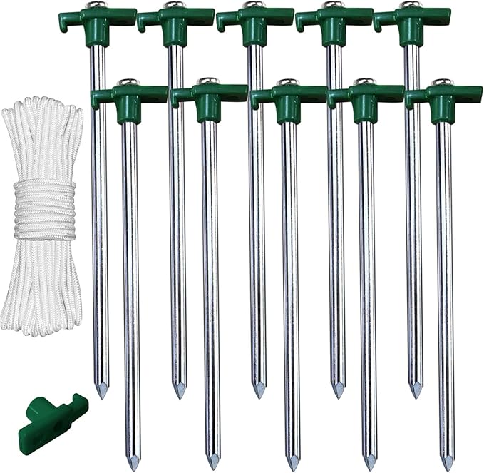 ABCCANOPY 11 Inch Tent Stakes 10 Pcs Non-Rust Metal Ground Anchors, Heavy Duty Spikes with 4 Ropes for Outdoor Camping, Green