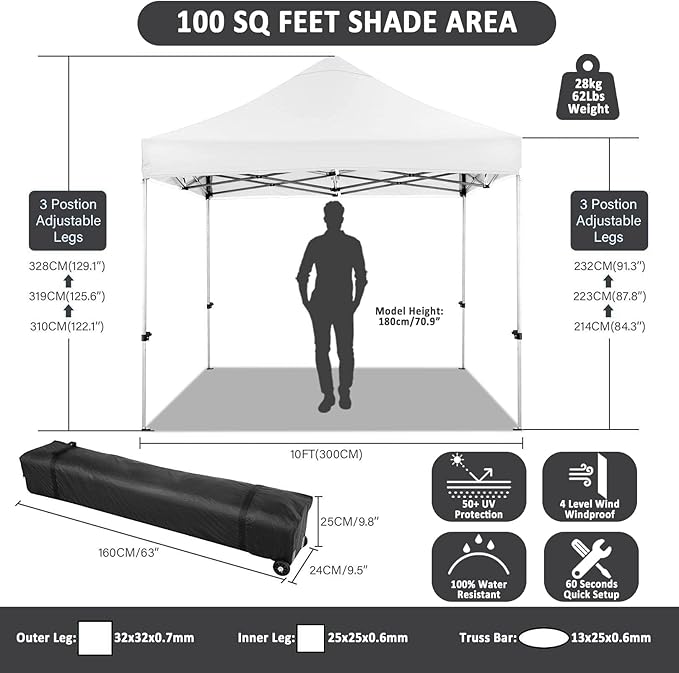 COBIZI 10x10 Pop Up Canopy with 4 Sidewall,Heavy Duty Canopy UPF 50+ All Season Wind Waterproof Commercial Outdoor Wedding Party Tents for Parties Canopy Gazebo with Roller Bag (10 x 10 ft White)