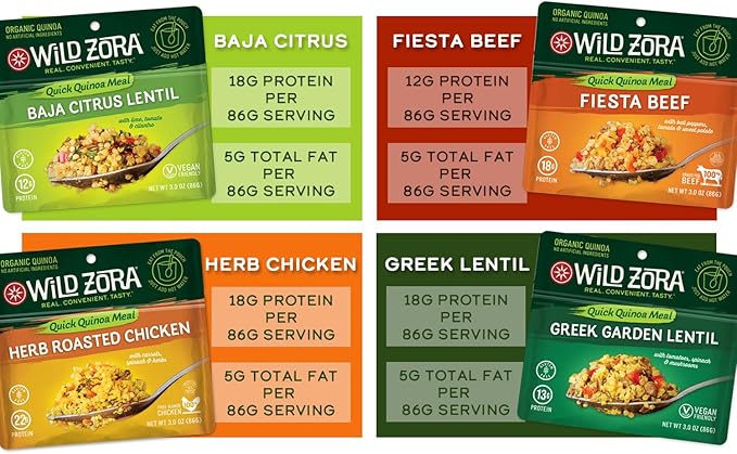 Wild Zora Instant Organic Quinoa Meals - Quick & Tasty Prepared Quinoa Bowls, Pantry Staples Gluten-Free Meal with Lentils Plus 10g Olive Oil Packet - Vegan Variety Sampler (4-Pack)