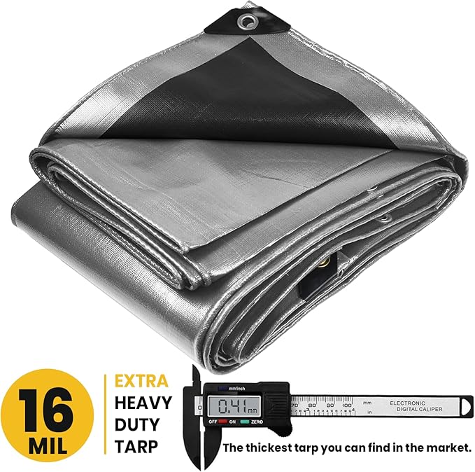 PROTARP Extra Heavy Duty 16 Mil Tarp Cover, Waterproof, UV Resistant, Rip and Tear Proof, Poly Tarpaulin with Reinforced Edges for Roof, Camping, Patio, Pool, Boat. (Silver/Black 20′ X 20′)
