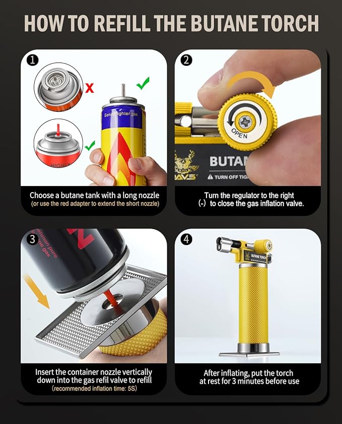 RAVS 2 Flame Mode Butane Torch Lighter, Refillable Kitchen Torch with Adjustable Flame and Safety Buckle, Yellow Jewelry Torch for Welding, Resin Art, Industrial, Butane Fuel not Include