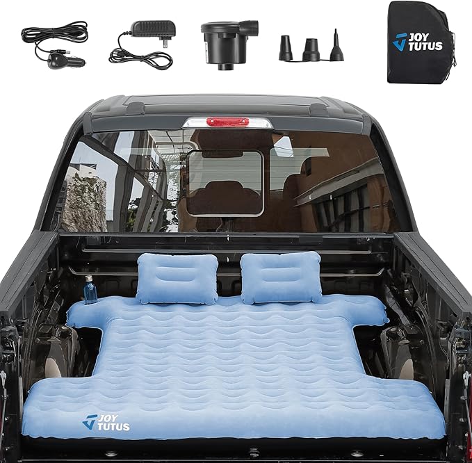 JOYTUTUS Upgraded Light Version Truck Bed Air Mattress for Camping, Thicken Inflatable Mattress for 6.4-6.7Ft Full Size Regular Bed,with Built-in Cup Holder&2 Inflatable Pillow,Grey Blue