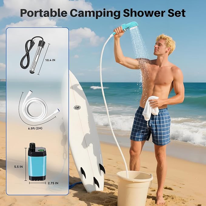 Portable Camping Shower with Heater, 6000mAh Rechargeable Portable Shower with 2000W Immersion Heater, LED Display, Heated Camping Shower for Travel, Hiking, Car, Pet