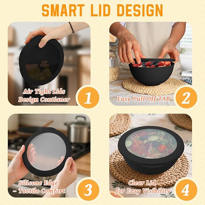 Homienly Wheat Straw Bowls with Lids, Unbreakable 40 OZ Salad Container for Lunch, Dishwasher Safe Cereal Bowl for Kitchen, Camping, Picnic, 8 Piece Plastic Bowl Set includes 4 Bowls and 4 Lids, Black