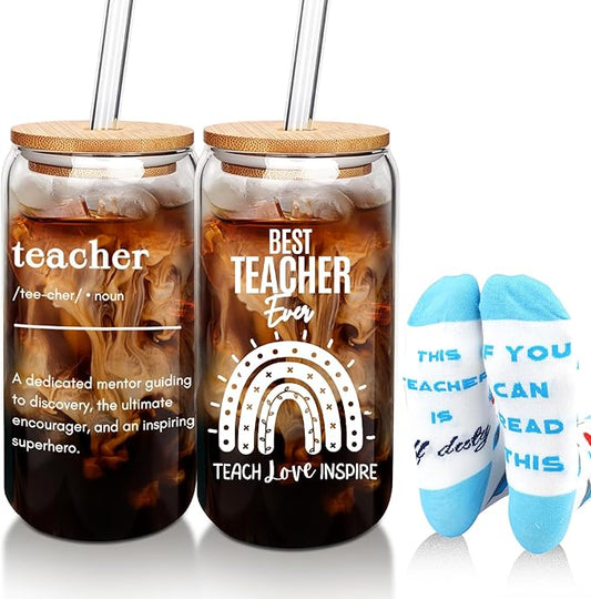 ANOTION Teacher Gifts, End of Year Teacher Gifts, Tumbler & Socks Gift Set - 20oz Glass Cup, Teachers Appreciation Day, Valentine's Day, Thank You, Blue and White, Modern, Reusable