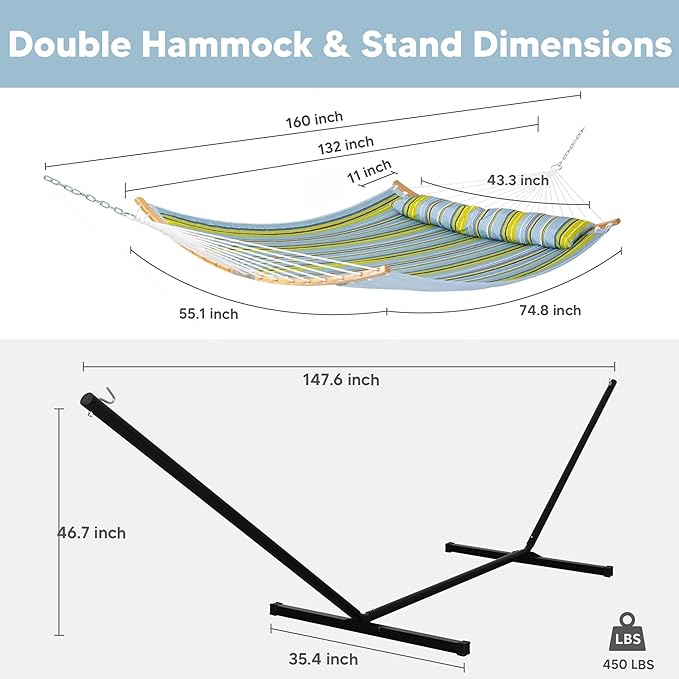 SUNCREAT Portable Outdoor Hammock with Stand Included, Double Hammock with Stand for Outside, Yellow Blue